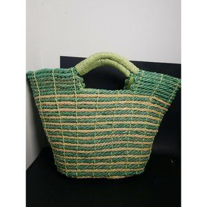 April Cornell Large Straw Handbag Handles Green Stripes Design Zipper Broken
